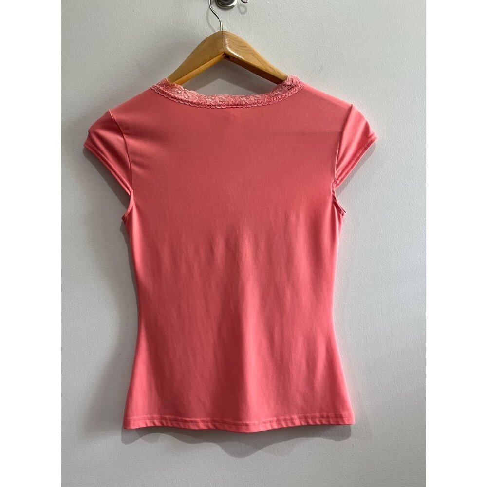 Y2K Wrapper V-Neck Blouse Womens M Peach with Lace Fitted Coquette - Picture 3 of 7